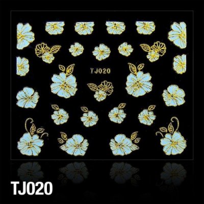 Nálepky na nechty 3D Kvety modro-zlaté - TJ020
