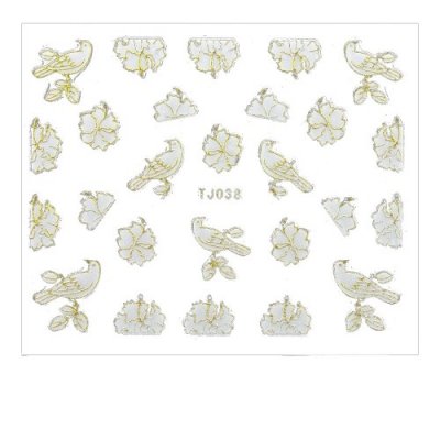 Nálepky na nechty 3D Kvety a holubičky bielo zlaté - TJ038