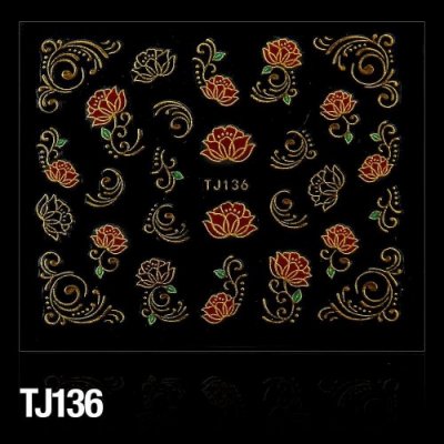 Nálepky na nechty 3D Kvety a ornamenty červeno-zlaté - TJ136