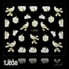 Nálepky na nechty 3D Kvety a holubičky bielo zlaté - TJ038